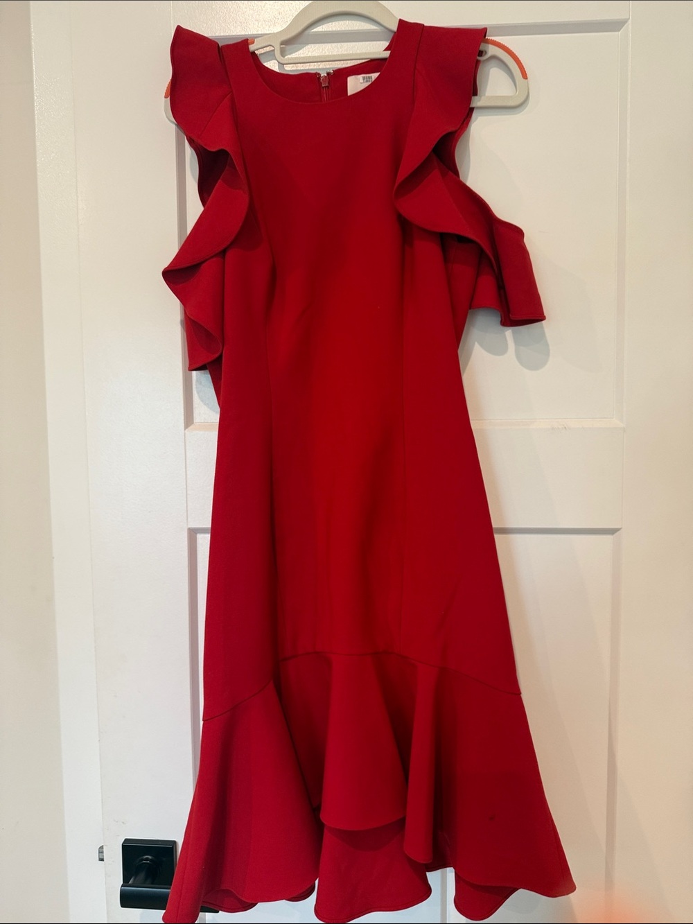 cinq a sept Red Ruffle Cold-Shoulder Midi Dress